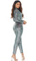 Long sleeve velvet catsuit with reptile print iridescent foil embossing, mock neck and front zipper closure.