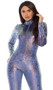Long sleeve velvet catsuit with reptile print iridescent foil embossing, mock neck and front zipper closure.