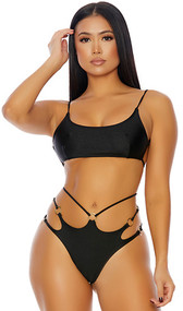 South Beach bikini set includes cami top with adjustable wing shoulder straps and adjustable back with swan hook closure. Matching strappy bottoms with O ring details and cheeky cut back also included. Two piece set.