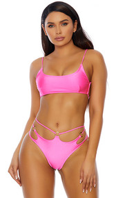 South Beach bikini set includes cami top with adjustable wing shoulder straps and adjustable back with swan hook closure. Matching strappy bottoms with O ring details and cheeky cut back also included. Two piece set.
