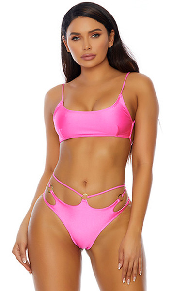 South Beach bikini set includes cami top with adjustable wing shoulder straps and adjustable back with swan hook closure. Matching strappy bottoms with O ring details and cheeky cut back also included. Two piece set.