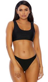 Manzanillo Bikini Set features a sports bra style bikini top with u neck and back and wide shoulder straps. High cut bikini bottoms also included. Two piece set.