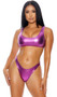 Manzanillo Bikini Set features a metallic sports bra style bikini top with u neck and back and wide shoulder straps. High cut bikini bottoms also included. Two piece set.