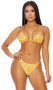 Maui bikini set features a halter string top with fruity orange print, adjustable triangle cups, and tie back closure. Matching bottoms with string sides and cheeky back also included. Two piece set.