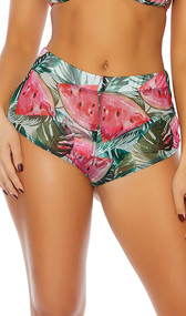 Ocho Rios sheer mesh coverup shorts feature a high waist with wide band, cheeky cut back, and a tropical watermelon print.
