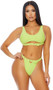 Bali bikini set features a pullover cami style top with adjustable shoulder straps, sexy underboob cut out, and adjustable strap with grommet detail and buckle closure. Matching bottoms with cheeky back also included. Two piece set.