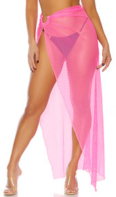 Sardinia pool skirt features a sheer net full length fabric gathered at hip with large O ring detail and high slit. Skirt does not open, it is a pullover closure.