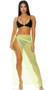 Sardinia pool skirt features a sheer net full length fabric gathered at hip with large O ring detail and high slit. Skirt does not open, it is a pullover closure.