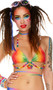 Rainbow halter top features adjustable triangle cups with lined shimmer glittery fabric, pony bead detail, tie neck, back and waist wrap tie closures.