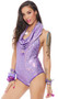 Hologram galaxy inspired sleeveless romper with shimmery iridescent dot fabric, detachable back beaded detail, and versatile hood to cowl neck option. Pattern of the fabric changes with the way the light hits it.