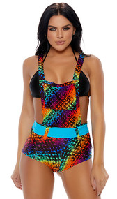 Shimmer rainbow print overall shorts with functional pouch pocket, criss cross non-adjustable padded straps, closed crotch and matching detachable belt with hook and loop closure.