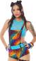 Shimmer rainbow print overall shorts with functional pouch pocket, criss cross non-adjustable padded straps, closed crotch and matching detachable belt with hook and loop closure.