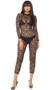 Sheer fishnet long sleeve catsuit with distressed holes, mock neck and back zipper closure.