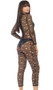 Sheer fishnet long sleeve catsuit with distressed holes, mock neck and back zipper closure.