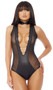 Sleeveless matte bodysuit with gold chain details over a plunging V neckline, sheer side panels, and back zipper closure.