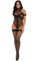 Sleeveless sheer micro net teddy with strategically placed strappy lace details that continue as off the shoulder straps. Also features a mock neck detail and back zipper closure.