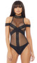 Sleeveless sheer micro net teddy with strategically placed strappy lace details that continue as off the shoulder straps. Also features a mock neck detail and back zipper closure.