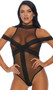 Sleeveless sheer micro net teddy with strategically placed strappy lace details that continue as off the shoulder straps. Also features a mock neck detail and back zipper closure.