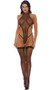 Sleeveless sheer micro net teddy with high collar halter style neckline, strappy open sides, thong back and tie back closure.