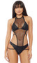 Sleeveless sheer micro net teddy with high collar halter style neckline, strappy open sides, thong back and tie back closure.
