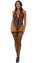 Sleeveless sheer micro net teddy with mock neck and front zipper closure.
