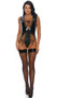 Sleeveless vinyl bodysuit with lace up detail over a plunging neckline with large grommet trim, matching cut outs at waist with lace up detail, and cheeky cut back. Four-way stretch vinyl.