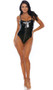 Sleeveless vinyl teddy with non-adjustable shoulder straps, zipper front closure, high cut on the leg and cheeky cut back.