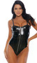 Sleeveless vinyl teddy with non-adjustable shoulder straps, zipper front closure, high cut on the leg and cheeky cut back.