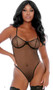 Sheer fishnet teddy with contrast vinyl trim, unlined underwire cups, adjustable shoulder straps, high cut leg and cheeky cut back.