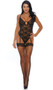 Sheer lace teddy with strappy accents on bodice leading into adjustable leg garter straps, underwire V wire cups with keyhole, adjustable shoulder straps, low cut back with adjustable strap and hook closure. Closed lined crotch.