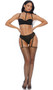Sheer mesh balconette bra features  underwire cups, adjustable shoulder straps, adjustable hook and eye back closure, and attached choker with adjustable connecting strap and adjustable hook and eye back closure. Matching panty with attached adjustable garters, lined crotch with string back side included. Two piece set.