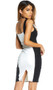 Sleeveless two tone mini dress with contrast hourglass illusion, square neckline, wide shoulder straps and back slit.