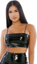 Sleeveless vinyl cami style crop top features spaghetti straps and back zipper closure.