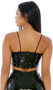 Sleeveless vinyl cami style crop top features spaghetti straps and back zipper closure.