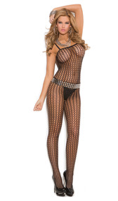 Seamless Lycra crochet bodystocking with spaghetti straps and open crotch.