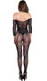 Lace off the shoulder bodystocking with three quarter sleeves, strappy criss cross detail over a plunging neckline, open crotch, and faux garter teddy with thigh highs design.