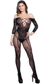 Lace off the shoulder bodystocking with three quarter sleeves, strappy criss cross detail over a plunging neckline, open crotch, and faux garter teddy with thigh highs design.