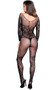 Fishnet and lace bodystocking with long sleeves, scoop neck and back, open crotch, and faux teddy with thigh highs design.