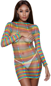 Rainbow striped stretch mini dress with sheer cut out details, long sleeves and crew neck.