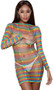 Rainbow striped stretch mini dress with sheer cut out details, long sleeves and crew neck.