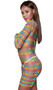 Rainbow striped stretch mini dress with sheer cut out details, long sleeves and crew neck.