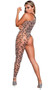 Asymmetrical leopard print bodystocking with one shoulder long sleeve, one footless leg, and elastic halter strap that goes over the head (does not tie). Closed crotch.