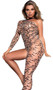 Asymmetrical leopard print bodystocking with one shoulder long sleeve, one footless leg, and elastic halter strap that goes over the head (does not tie). Closed crotch.