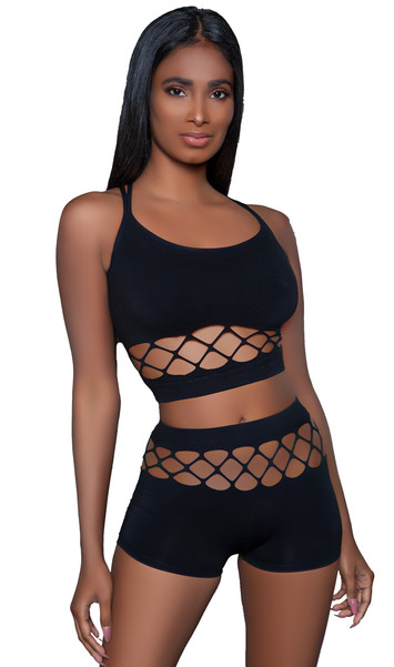 Sleeveless cami crop top with double criss cross shoulder straps and cut out netting detail. Matching mid-rise booty shorts also included. Two piece set. 