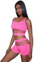 Sleeveless cami crop top with double criss cross shoulder straps and cut out netting detail. Matching mid-rise booty shorts also included. Two piece set. 