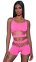 Sleeveless cami crop top with double criss cross shoulder straps and cut out netting detail. Matching mid-rise booty shorts also included. Two piece set. 