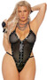 Fishnet teddy with studded vinyl trim, plunging V neckline with zipper front closure, vinyl halter straps that tie behind the neck, high cut on the leg, vinyl front crotch panel with elastic G-string back, and elastic back strap with hook closure. Back of zipper does have a soft lining to protect the skin.