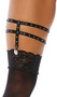 Single leg garter with studded double straps and metal clasp.