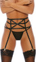 Triple strap garter belt with studded criss cross straps in the front, metal clasps, and adjustable straps in the back.
