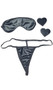 Wet look blindfold with heart shaped pasties and wet look G-string. Double sided tape included. Three piece set.